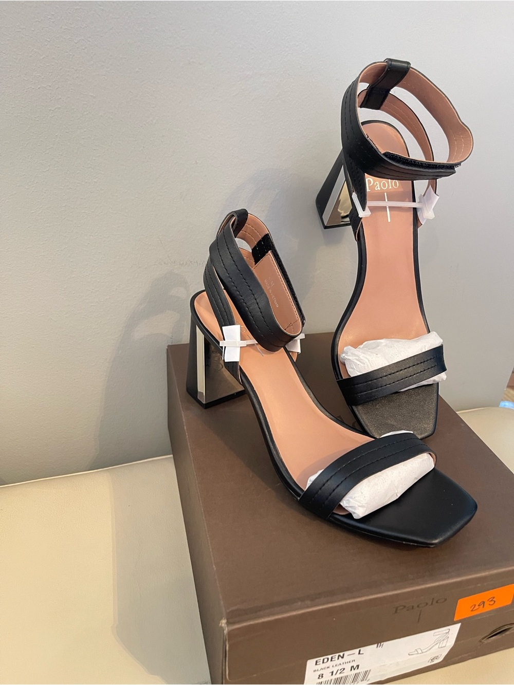 Paolo Black Strappy Block Heel Leather Sandals size 8.5
